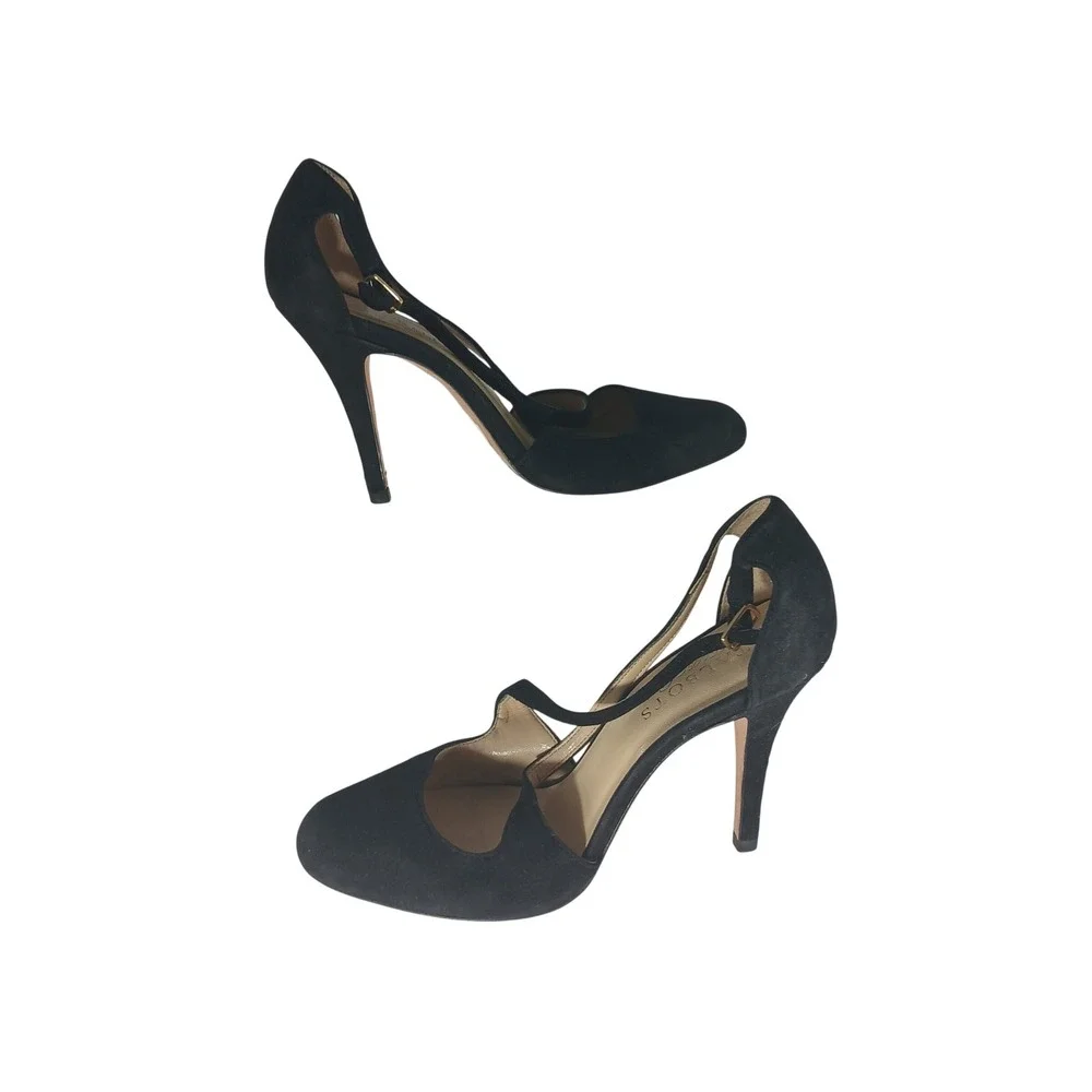 Talbots Luisa T-Strap Pumps 6.5B Black Suede Round Toe High Heels Cutout Leather